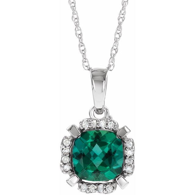 14K White Lab-Grown Emerald & .04 CTW Natural Diamond 18" Necklace