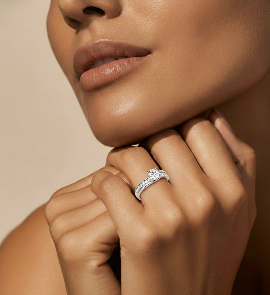 10k Solid White Gold Round Cut Diamond Solitaire with Accent classic modern Diamond Ring For her - HIGHCARAT DIAMONDS