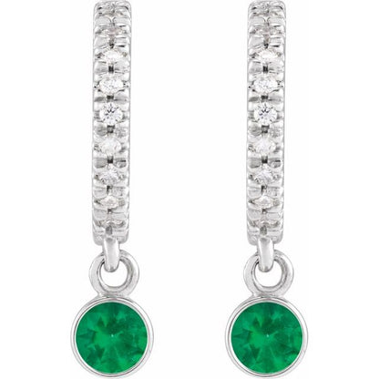 14K White Lab-Grown Emerald & .08 CTW Natural Diamond French-Set  Hoop Earrings
