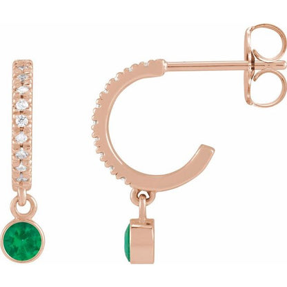 14K White Lab-Grown Emerald & .08 CTW Natural Diamond French-Set  Hoop Earrings