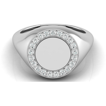Classic Round Pave Diamond Signet Ring Personalized Unisex Solid Gold Ring in 14K