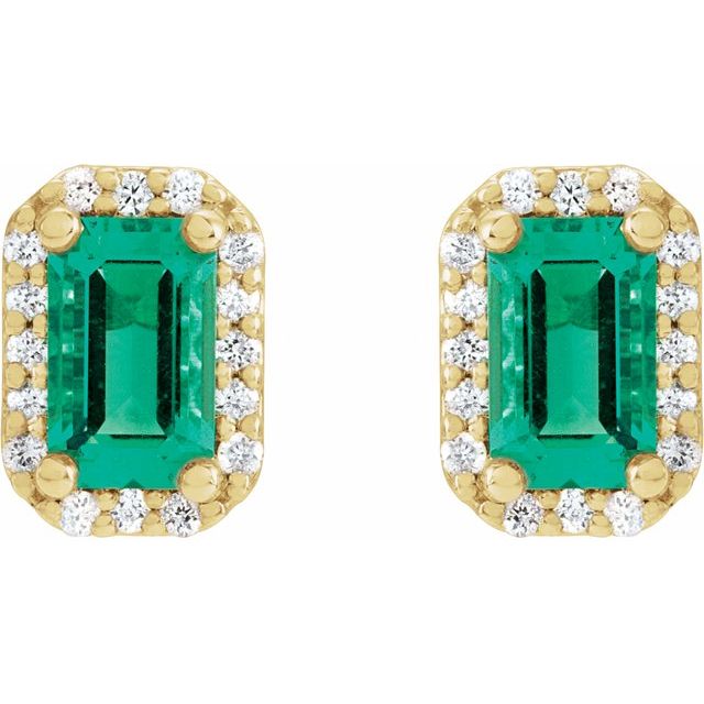14K Yellow Lab-Grown Emerald & 1/6 CTW Natural Diamond Halo-Style Earrings