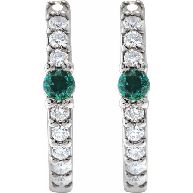 14K White Lab-Grown Emerald & 1/8 CTW Natural Diamond  Hoop Earring