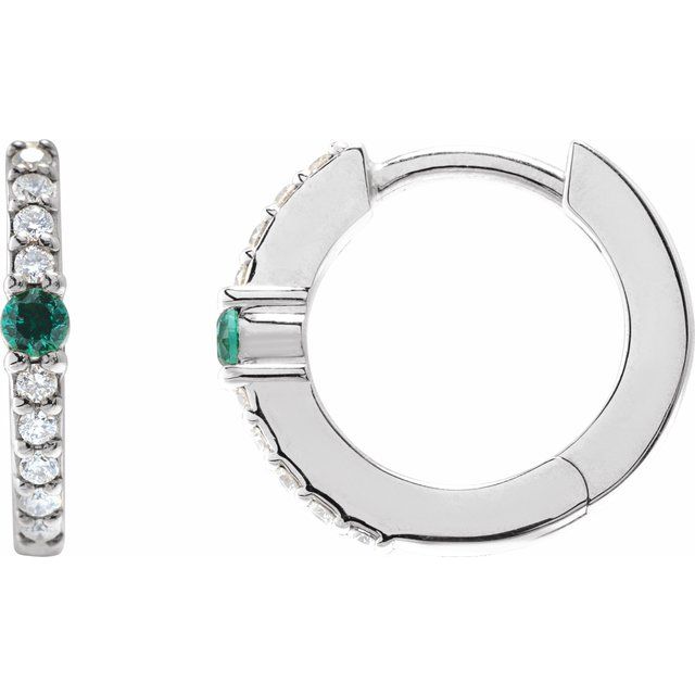 14K White Lab-Grown Emerald & 1/8 CTW Natural Diamond  Hoop Earring
