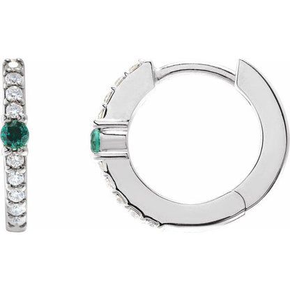 14K White Lab-Grown Emerald & 1/8 CTW Natural Diamond  Hoop Earring