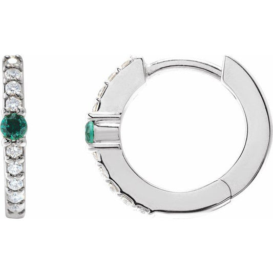 14K White Lab-Grown Emerald & 1/8 CTW Natural Diamond  Hoop Earring