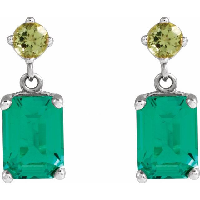 14K White Lab-Grown Emerald & Natural Peridot Dangle Earrings