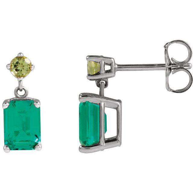 14K White Lab-Grown Emerald & Natural Peridot Dangle Earrings