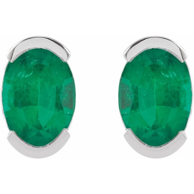 14K White  Lab-Grown Emerald Stud Earrings
