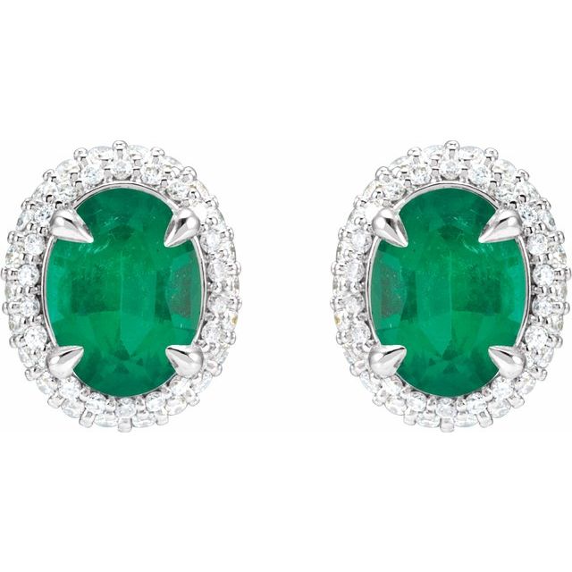 14K White Lab-Grown Emerald & 1/2 CTW Lab-Grown Diamond Double Halo-Style Earrings