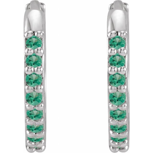 14K White Lab-Grown Emerald Hinged  Hoop Earrings