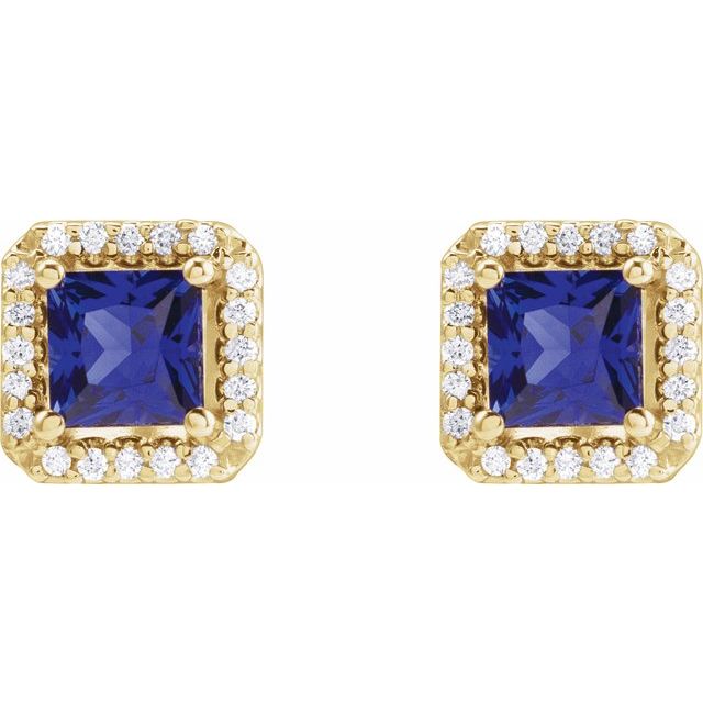14K Yellow Lab-Grown Blue Sapphire & .08 CTW Natural Diamond Halo-Style Earrings