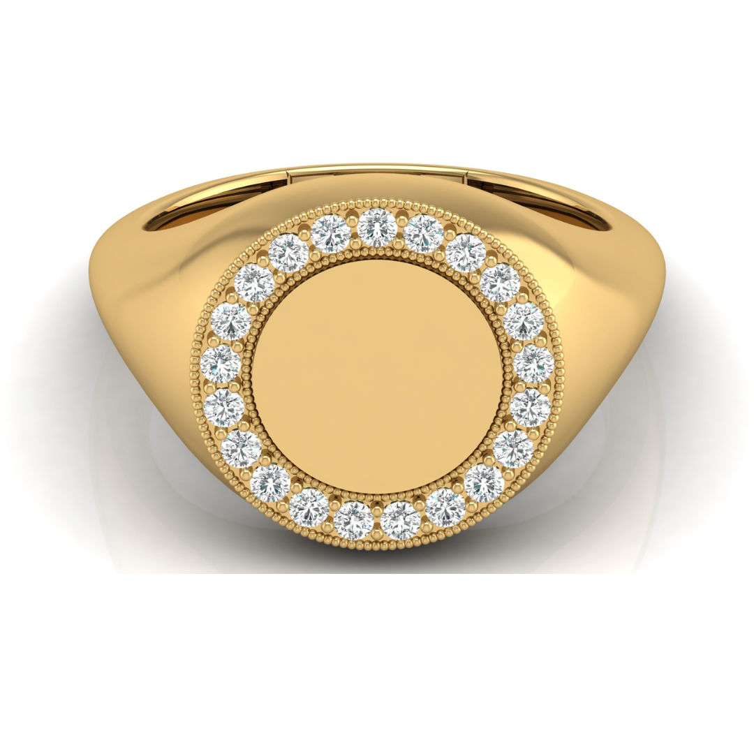 Classic Round Pave Diamond Signet Ring Personalized Unisex Solid Gold Ring in 14K