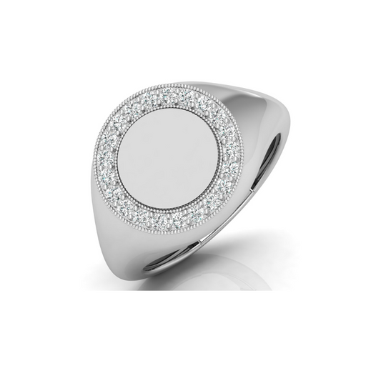 Classic Round Pave Diamond Signet Ring Personalized Unisex Solid Gold Ring in 14K