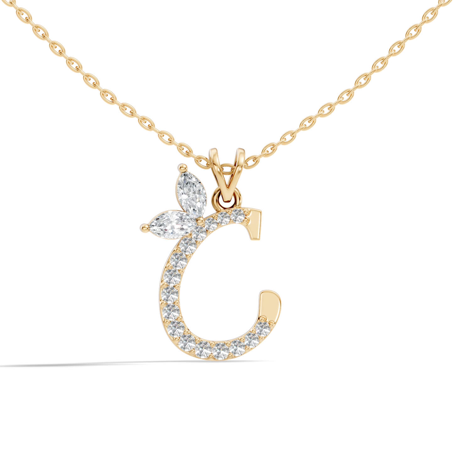 14K Solid Yellow Gold Marquise and Round Cut Diamond C Alphabet Pendant For Her