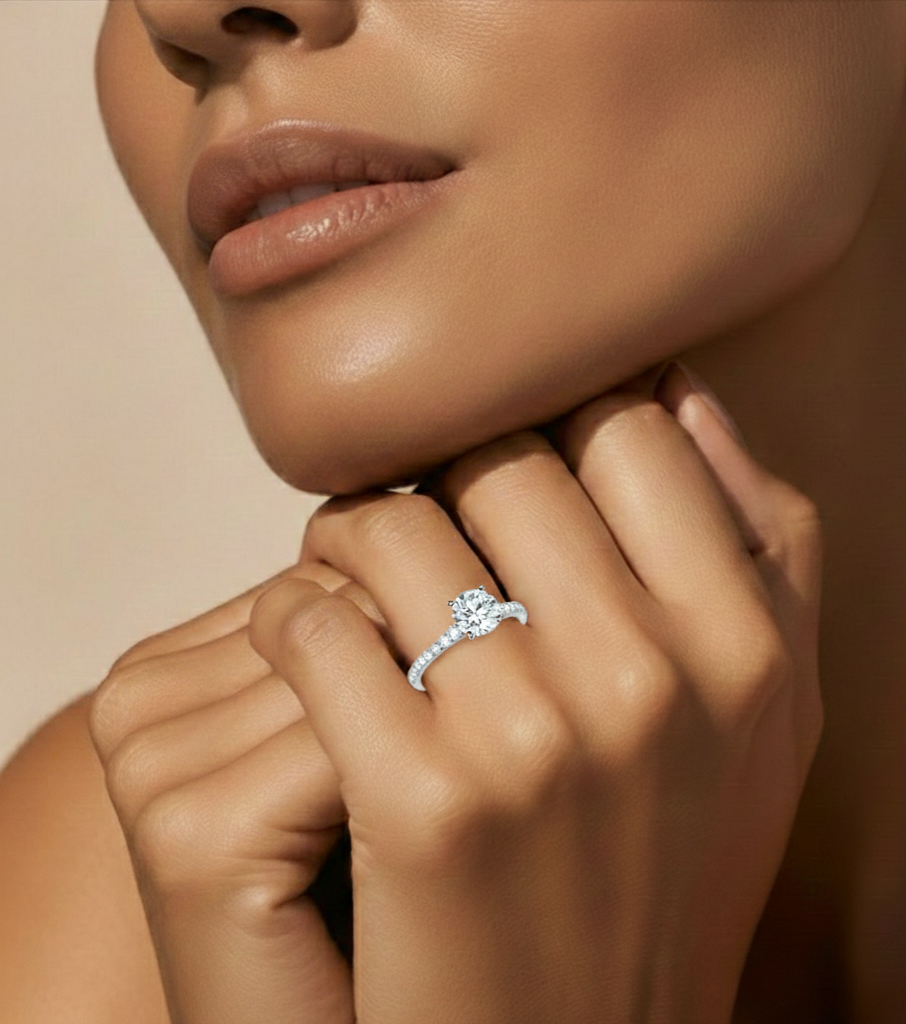 14k Solid Rose Gold Round Cut Lab Grown and Baguette Diamond, Three stone Engagement Proposal Anniversary Ring