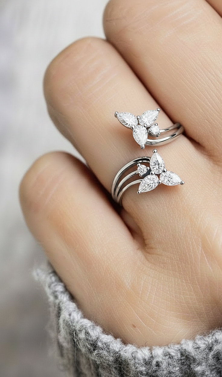 14k Yellow Gold Pear And Round Shape Elegant Antique Bypass Shank Vintage Natural Diamond Ring