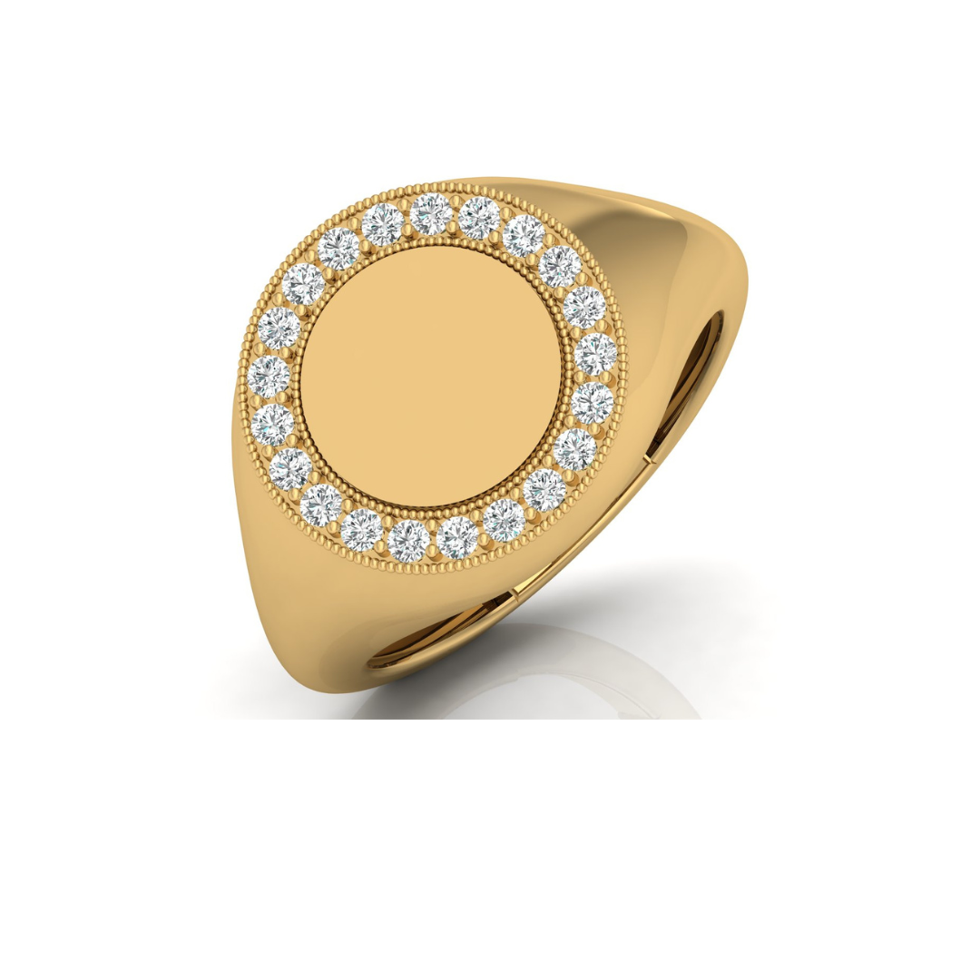 Classic Round Pave Diamond Signet Ring Personalized Unisex Solid Gold Ring in 14K