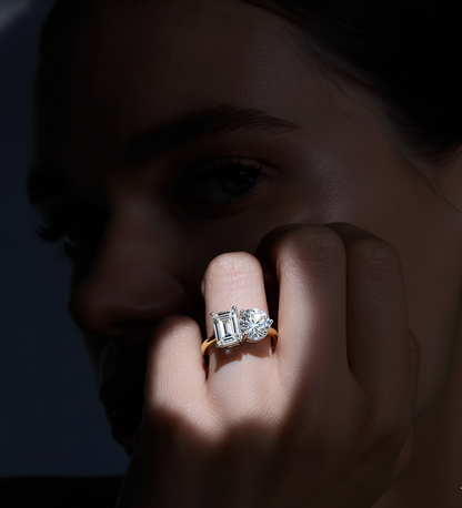 4.04 CT Emerald And Round Cut Lab Grown Diamond Cluster 10k Solid White Gold Two Stone Diamond Ring