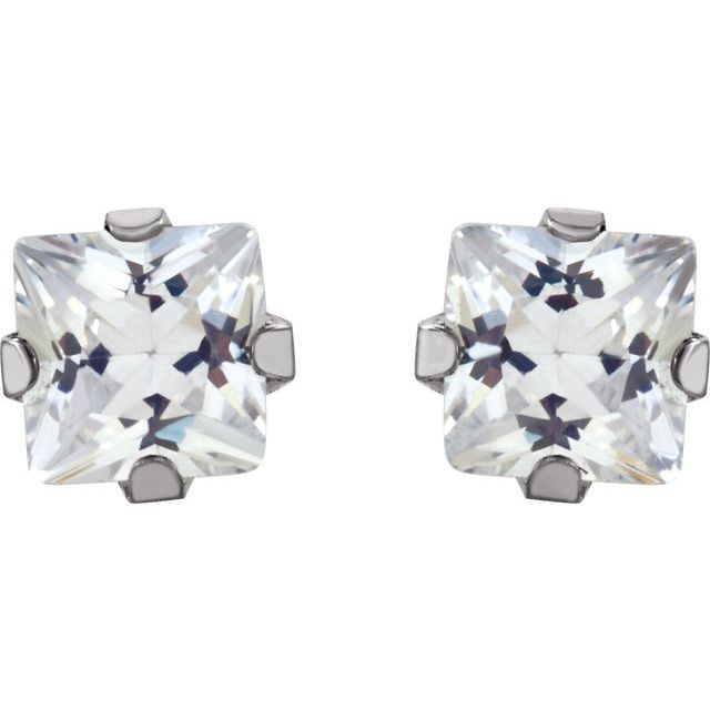 14K White  Square Imitation White Cubic Zirconia Piercing Stud Earrings