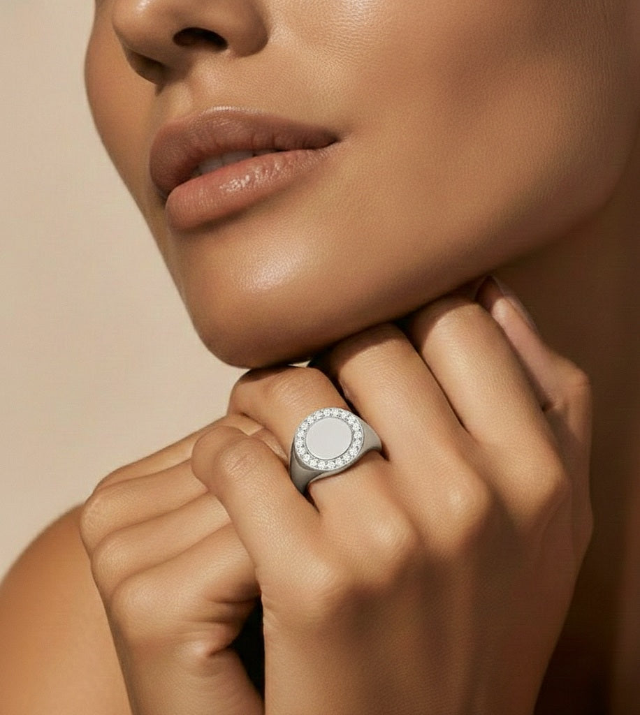 Classic Round Pave Diamond Signet Ring Personalized Unisex Solid Gold Ring in 14K