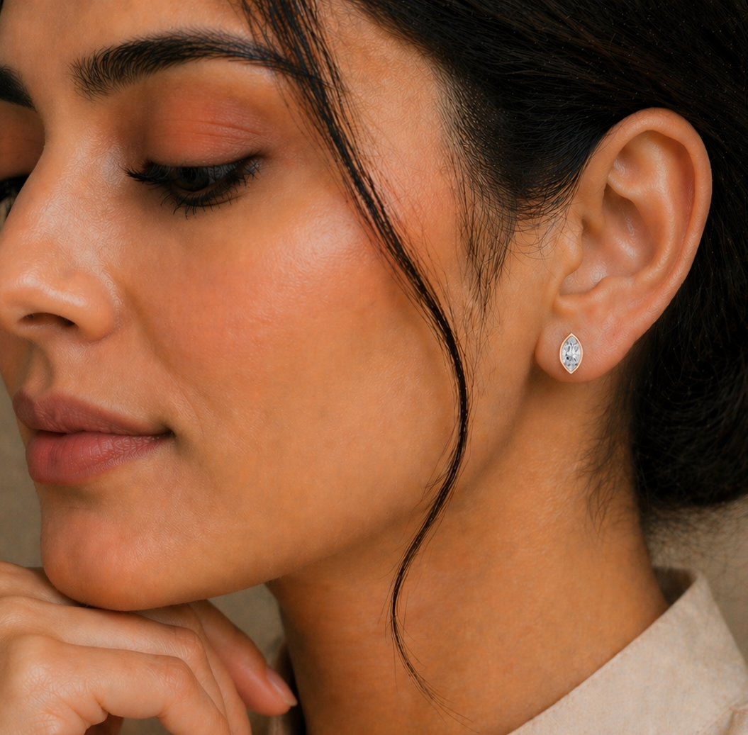 18k Solid Yellow Gold Marquise Cut 1.00CT Lab Grown Diamond Art Deco Dainty Bezel Set Stud Earring - HIGHCARAT DIAMONDS #wearthelook