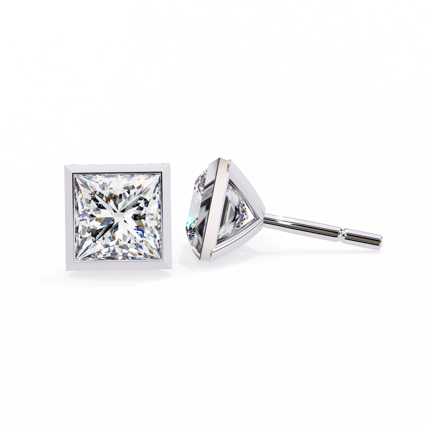 1.77Ct Princess Cut White Colorless Diamond Solitaire Dainty Bezel Set Perfect Sparkling Stud Earring Gift For Her