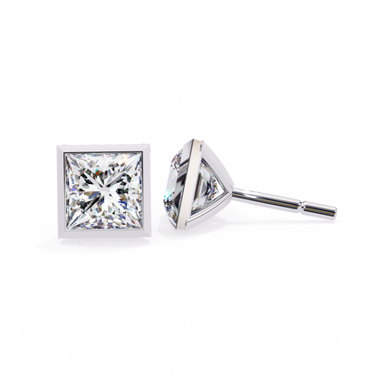 1.77Ct Princess Cut White Colorless Diamond Solitaire Dainty Bezel Set Perfect Sparkling Stud Earring Gift For Her