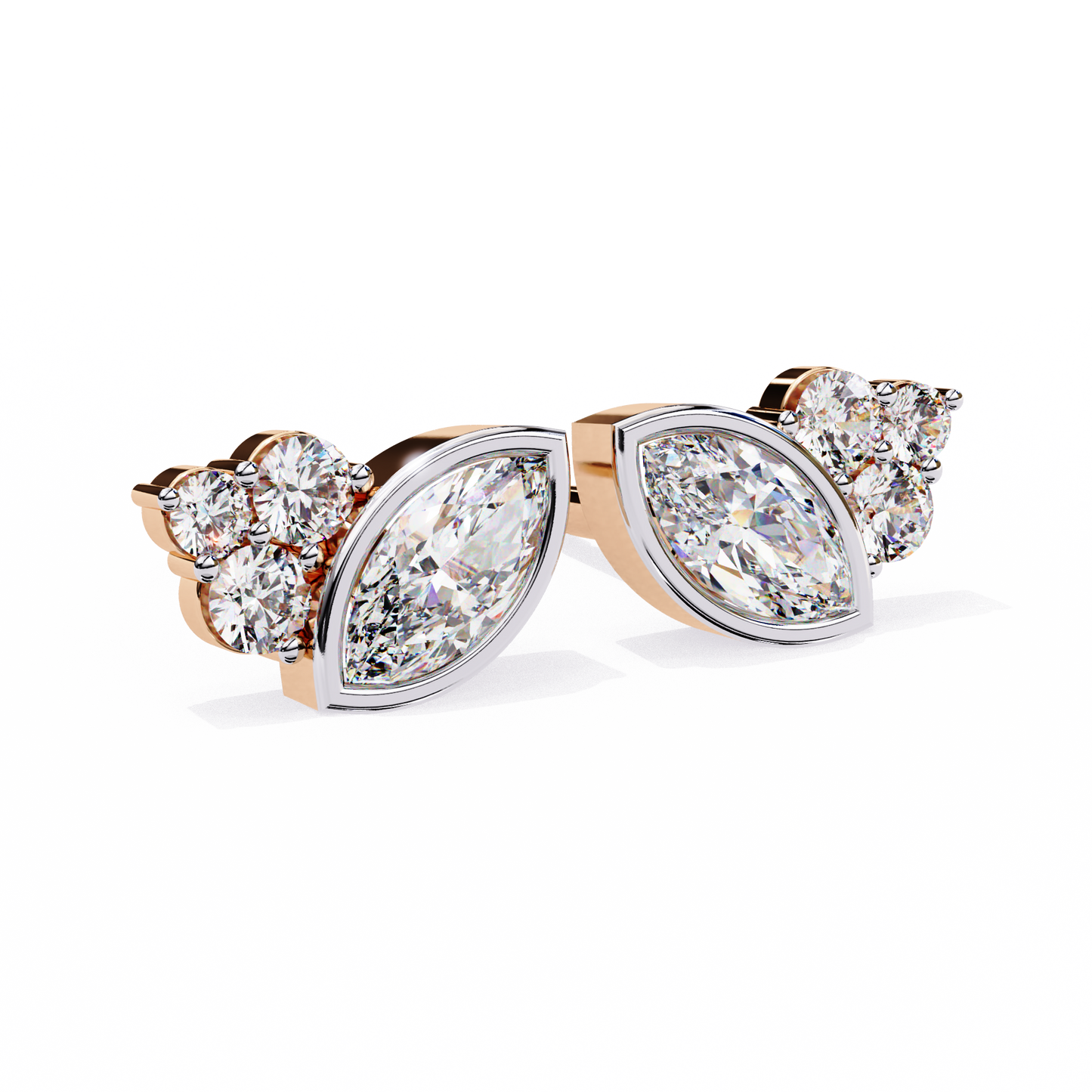 Round And Marquise Cut Top Grade Daimond Unique Bezel Set Elegance Timeless Vintage Dainty Stud Earring