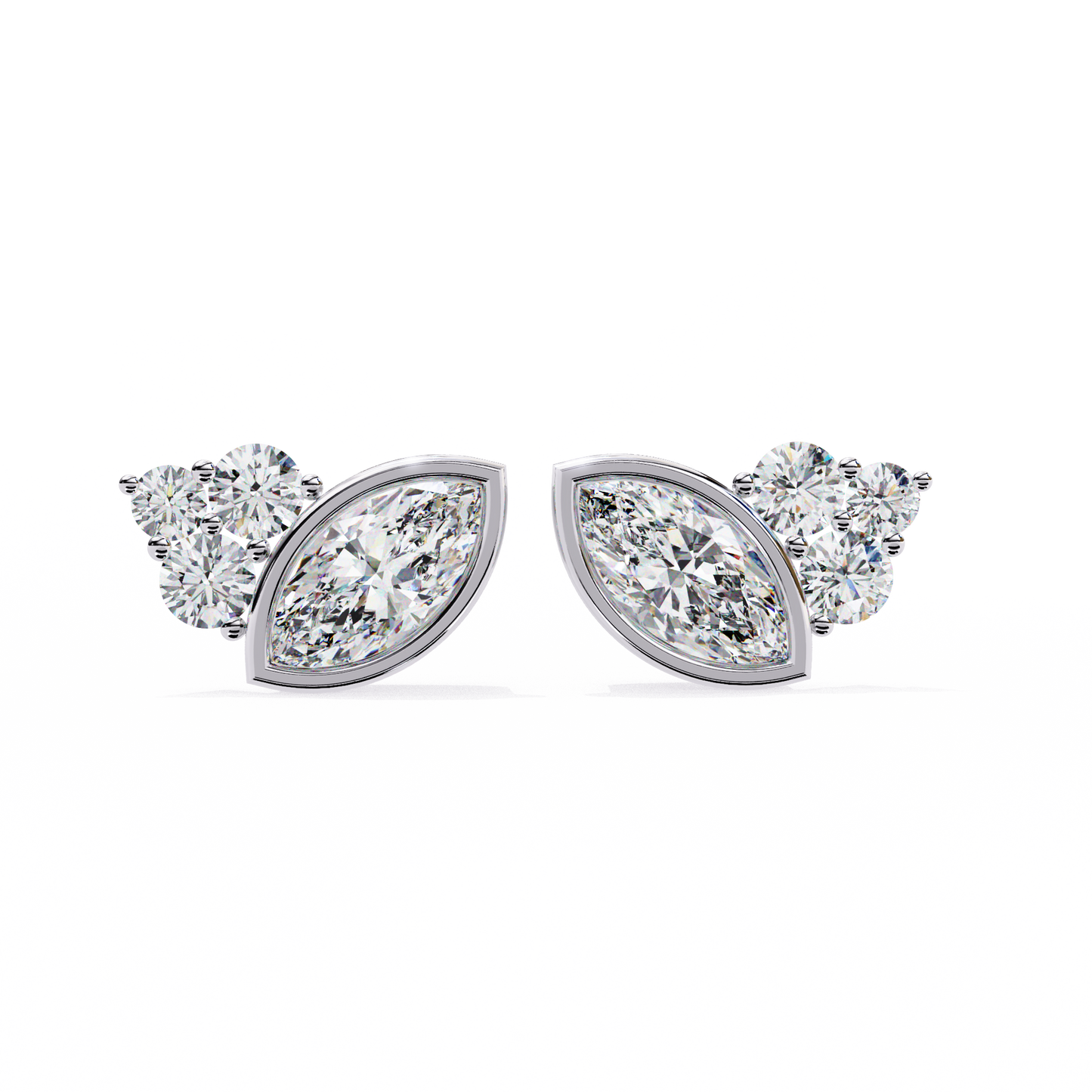 Round And Marquise Cut Top Grade Daimond Unique Bezel Set Elegance Timeless Vintage Dainty Stud Earring