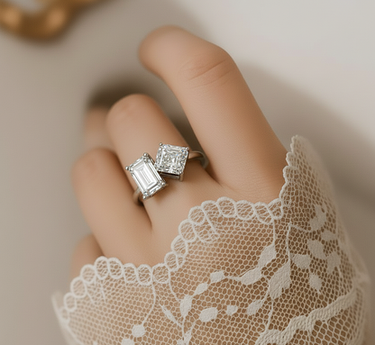 4.17 CT Radiant And Ascher Cut Lab Grown Diamond Unique Two Stone Sparkling Ring for her