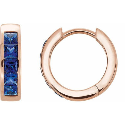 14K White Lab-Grown Blue Sapphire Hoop Earrings