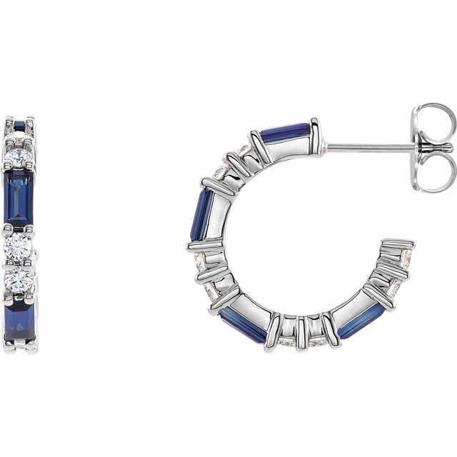 14K White Lab-Grown Blue Sapphire & 1/2 CTW Natural Diamond  Hoop Earrings