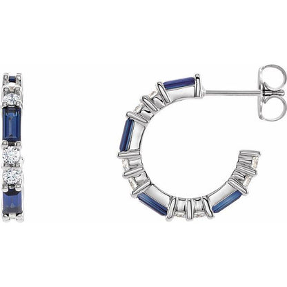 14K White Lab-Grown Blue Sapphire & 1/2 CTW Natural Diamond  Hoop Earrings
