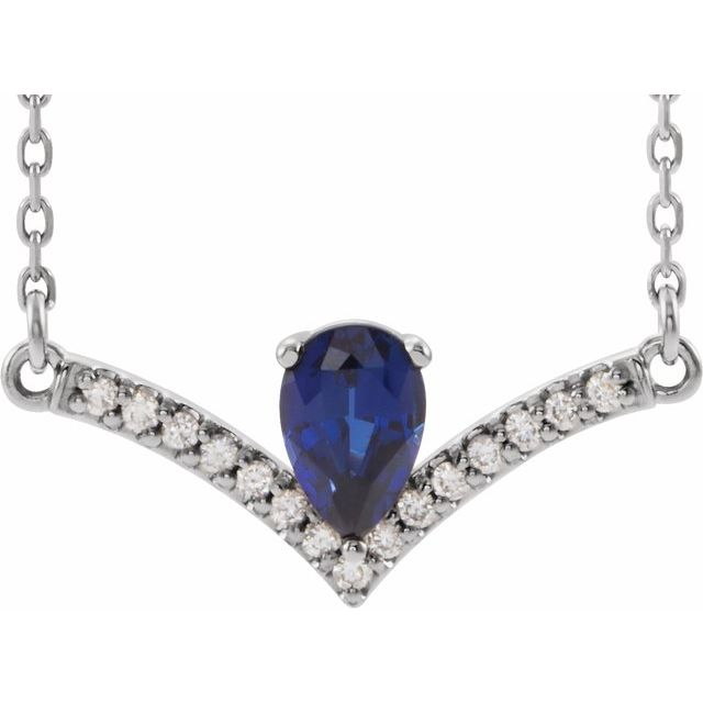 14K White Lab-Grown Blue Sapphire & .06 CTW Diamond 16" Necklace