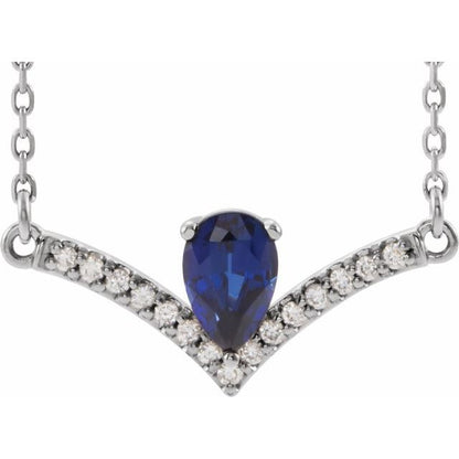 14K White Lab-Grown Blue Sapphire & .06 CTW Diamond 16" Necklace