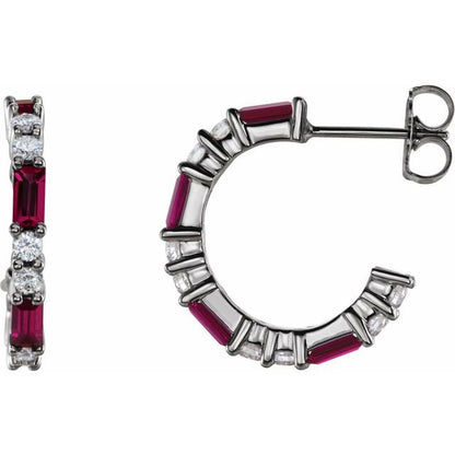 14K White Lab-Grown Ruby & 1/2 CTW Natural Diamond  Hoop Earrings