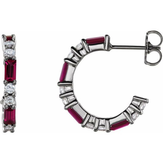 14K White Lab-Grown Ruby & 1/2 CTW Natural Diamond  Hoop Earrings