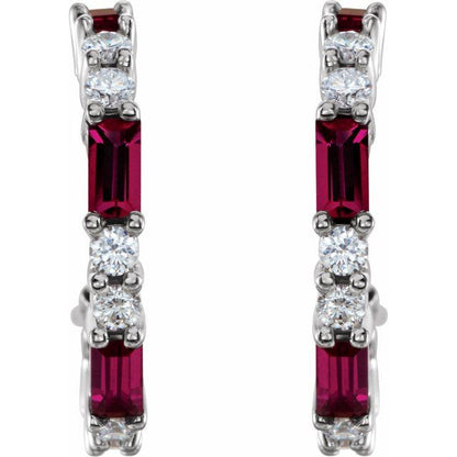 14K White Lab-Grown Ruby & 1/2 CTW Natural Diamond  Hoop Earrings