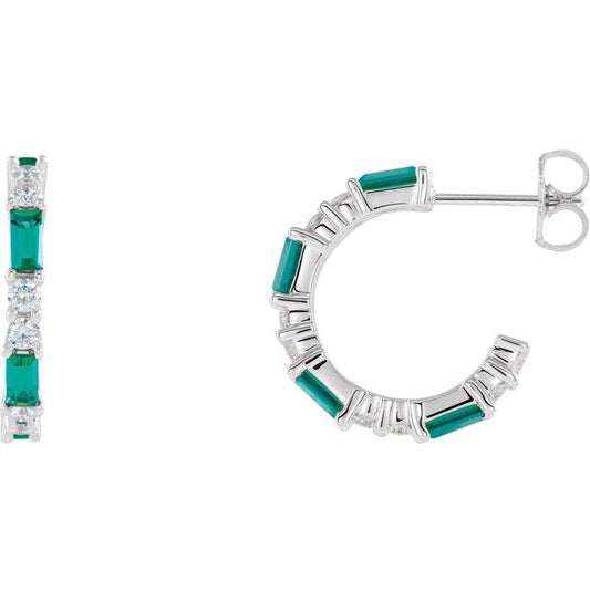 14K White Lab-Grown Emerald & 1/2 CTW Natural Diamond  Hoop Earrings
