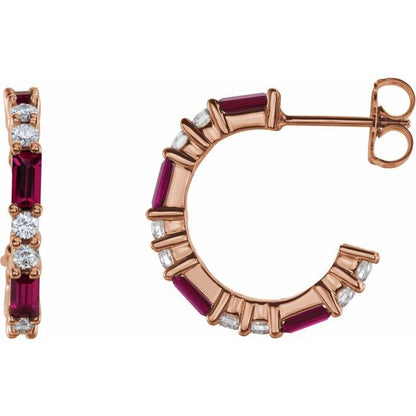 14K White Lab-Grown Ruby & 1/2 CTW Natural Diamond  Hoop Earrings