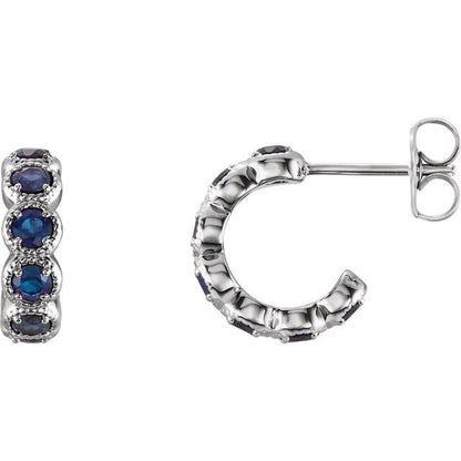 14K White Lab-Grown Blue Sapphire Hoop Earrings