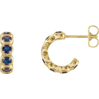 14K White Lab-Grown Blue Sapphire Hoop Earrings