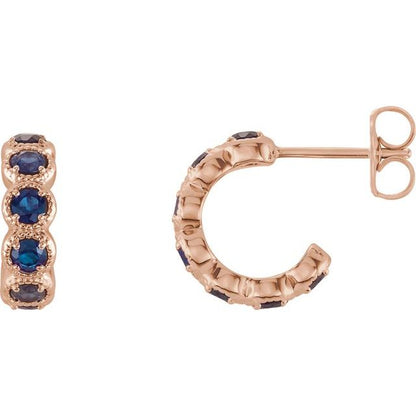 14K White Lab-Grown Blue Sapphire Hoop Earrings