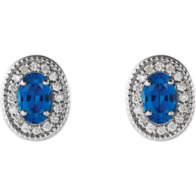 14K White Lab-Grown Blue Sapphire & 1/8 CTW Natural Diamond Halo-Style Earrings