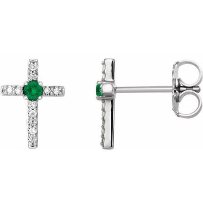 14K Rose Lab-Grown Emerald & .05 CTW Natural Diamond Cross Earrings
