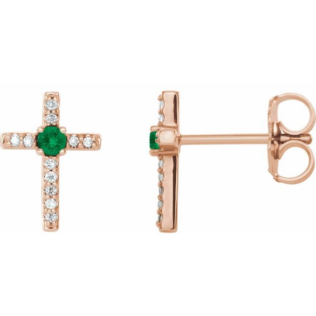 14K Rose Lab-Grown Emerald & .05 CTW Natural Diamond Cross Earrings