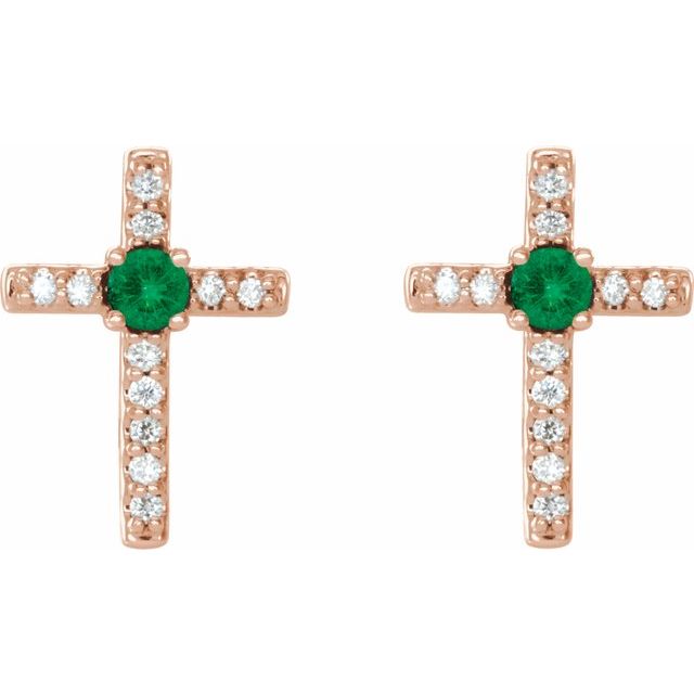 14K Rose Lab-Grown Emerald & .05 CTW Natural Diamond Cross Earrings