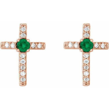 14K Rose Lab-Grown Emerald & .05 CTW Natural Diamond Cross Earrings