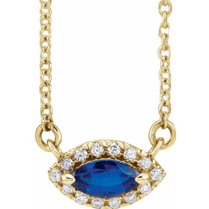 14K White Lab-Grown Blue Sapphire & .05 CTW Natural Diamond Halo-Style 16" Necklace